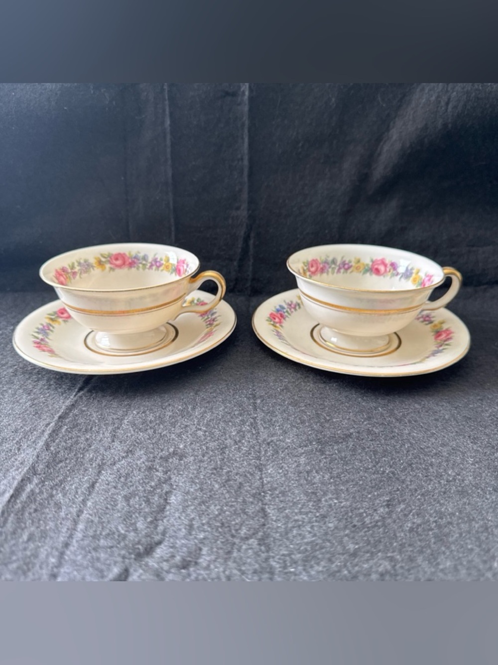 Castleton Manor USA Tea cup and saucer lot 2 sets Cream Gold Floral Vintage